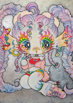 alien bead_choker beads blue_skin braid cardigan chibi chibi_only choker colored_eyelashes colored_skin cowlick crying crying_with_eyes_open curtained_hair earrings eyelashes eyeshadow face_piercing fin_piercing fingernails fins flower flower_necklace gyaru hair_beads hair_ornament hair_scrunchie head_fins heart heart_in_eye highres hoop_earrings horns colored_skin jewelry labret_piercing lips long_fingernails makeup middle_part multicolored_eyes multicolored_hair necklace original parted_bangs piercing purple_hair rainbow_eyes ring scrunchie shoes shorts sitting sneakers socks sparkling_eyes symbol_in_eye tank_top tears twin_braids v yellow_eyeshadow yurie_sekiya