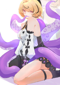 1girl absurdres bare_shoulders beret black_hat blonde_hair breasts button_gap commentary_request detached_sleeves fang from_side hat high-waist_shorts highres lanshan large_breasts looking_at_viewer mole mole_under_mouth purple_eyes shirt shirt_tucked_in short_hair shorts simple_background single_sock sitting skin_fang socks solo suction_cups tentacle_girl tentacle_in_mouth tentacle_tail tentacles wariza white_background white_shirt white_sleeves yidhari_murphy zenless_zone_zero zoom_layer