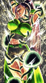 Rule 34 | 1girl, bike shorts, bound, breasts, bumaden, dragon quest, dragon quest xi, electricity, electrocution, high ponytail, highres, jellyfish, large breasts, man o' war (dragon quest), martina (dq11), midriff, navel, ponytail, purple eyes, purple hair, restrained