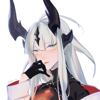 1girl arknights black_gloves black_sweater blue_eyes blunt_bangs commentary_request dragon_girl dragon_horns earrings gloves hand_to_own_mouth hand_up highres horns jacket jewelry long_hair long_sleeves looking_at_viewer off_shoulder open_clothes parted_lips portrait reed_(arknights) ribbed_sweater shikiri simple_background solo sweater turtleneck turtleneck_sweater twitter_username upper_body white_background white_hair white_jacket