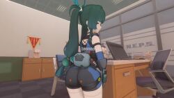 1girl 3d android animated armband artist_name artist_request ass ass_shake audible_music back_cutout battery black_armband black_choker black_shorts black_tank_top blue_shorts blue_vest bottle bouncing_ass braid braided_sidelock choker closed_mouth clothing_cutout cowboy_shot from_behind green_eyes green_hair green_ribbon hair_bobbles hair_intakes hair_ornament half-closed_eyes highres indoors jiggle loli long_hair looking_at_viewer looking_back loonoosh multicolored_hair police police_uniform policewoman qingyi_(zenless_zone_zero) ribbon seductive_gaze short_shorts shorts side_braids solo sound tank_top thighs twintails two-tone_shorts vest video watermark zenless_zone_zero