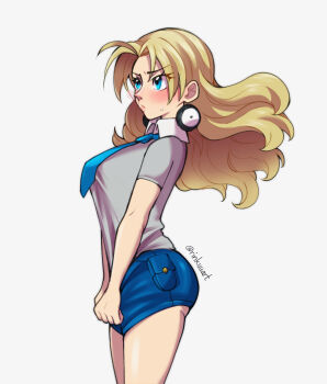 absurdres alternate_costume blonde_hair blue_eyes blue_necktie blue_shorts blush collared_shirt commentary curtained_hair earrings english_commentary from_side gen_2_pokemon grey_shirt highres jewelry long_hair molly_hale necktie nintendo parted_bangs pokemon pokemon_(anime) pokemon_(classic_anime) pokemon_3:_the_movie_-_spell_of_the_unown:_entei pout rinkuu_art school_uniform shirt shirt_tug short_sleeves shorts unown v-shaped_eyebrows