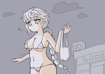 1girl alternate_costume asymmetrical_bangs bag bikini braid braided_ponytail breasts cleavage cloud convenience_store cowboy_shot grey_hair grey_sky highres kantai_collection large_breasts long_hair lowleg lowleg_bikini night plastic_bag shop single_braid sky solo swimsuit tatahai unryuu_(kancolle) white_bikini yellow_eyes