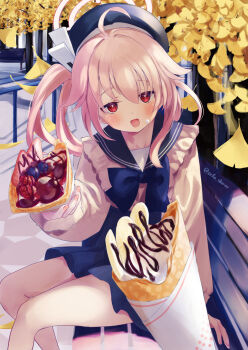1girl :d ahoge autumn_leaves bench beret blue_archive blue_bow blue_bowtie blue_hat blue_sailor_collar blue_skirt blush bow bowtie commentary_request crepe food food_on_face hair_ornament halo hat highres holding holding_food incoming_food leaf long_hair long_sleeves looking_at_viewer miniskirt natsu_(blue_archive) on_bench open_mouth outdoors park_bench pink_hair pink_halo pleated_skirt pov puffy_long_sleeves puffy_sleeves red_eyes sailor_collar shiroitefu shirt side_ponytail sitting skirt smile solo_focus twitter_username white_shirt