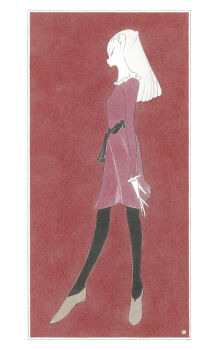 Rule 34 | 1girl, anatomical nonsense, art nouveau, blonde hair, border, breasts, brown shoes, colored skin, dress, full body, highres, kishi takuya, long feet, long fingers, long hair, original, pantyhose, pointy breasts, red dress, red theme, shoes, skinny, small breasts, solo, white border, white skin