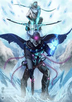 2boys arrow_(projectile) bare_pectorals beard black_pants blue_cape blue_eyes blue_fire cape cassidy_(overwatch) chain colored_extremities commentary connected_beard english_commentary eye_trail facial_hair fire fuge_oni666 gun handgun hanzo_(overwatch) highres holding holding_gun holding_weapon ice knee_pads light_trail male_focus mature_male multiple_boys overwatch pants pectorals short_hair weapon