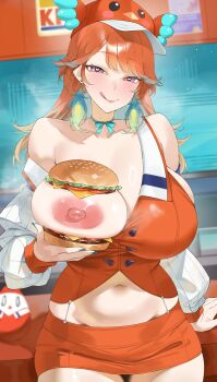 1girl :q absurdres alternate_breast_size_(larger) blush bow bow_choker breasts burger byeon_dha choker commentary cowboy_shot curvy earrings feather_earrings feathers food green_choker hat highres holding holding_food hololive hololive_english huge_breasts jewelry looking_at_viewer microskirt navel nipples orange_hair orange_skirt plump purple_eyes skirt solo takanashi_kiara takanashi_kiara_(1st_costume) tongue tongue_out virtual_youtuber