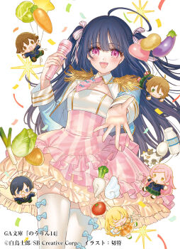 2boys 5girls ahoge bekki_natsumi black_hair blonde_hair blush bow breasts brown_hair chibi closed_eyes closed_mouth commentary_request cow food glasses green_eyes hair_ribbon hata_kousaku highres holding kamatori_kei kinoshita_ringo_(no-rin) kippu long_hair looking_at_viewer multiple_boys multiple_girls nakazawa_minori no-rin official_art one_eye_closed open_mouth pink_hair purple_eyes purple_hair red_eyes ribbon school_uniform short_hair skirt smile thighhighs vegetable yoshida_kochou