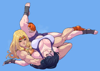 Rule 34 | 2girls, absurdres, bike shorts, blonde hair, blue background, blue hair, breasts, cirenk, cleavage, dark blue hair, closed eyes, fate/grand order, fate (series), fingerless gloves, full body, gloves, green eyes, highres, large breasts, long hair, minamoto no raikou (fate), multiple girls, muscular, muscular female, quetzalcoatl (fate), simple background, smile, sports bra, submission hold, sweat, toeless footwear, wrestling