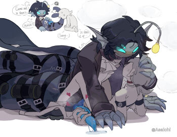 2boys accessories anger_vein anglerfish anglerfish_boy angry asaichi ascot bandaged_arm bandages belt belt_buckle black_hair black_jacket blue_penis blue_scales blue_sclera blue_skin blush brown_choker buckle cetacean_tail chibi chibi_inset choker claws clenched_teeth colored_sclera colored_skin commentary cum cum_in_pussy cuntboy diphallia drooling english_commentary erection extra_arms extra_eyes extra_penises fingernails fins fish fish_tail gold_ring grey_scarf hand_on_another&#039;s_head hand_support handjob handjob_while_penetrated head_fins heart heavy_breathing highres jacket long_sleeves looking_at_another looking_down looking_up low_ponytail lying male_futanari merfolk merman monster_boy mouth_drool multiple_belts multiple_boys multiple_views open_clothes open_jacket pants pants_around_one_leg parted_bangs penis penis_grab player_character_(roblox) ponytail pouch pouch_bags pouches precum pressure_(roblox) pussy roblox saliva saliva_trail scarf scribble sea_snake sebastian_solace sex sharp_fingernails sharp_teeth shirt shoes short_hair smaller_dominant speech_bubble steam steaming_body sweat tail teeth testicles third_eye trembling vaginal white_ascot white_shirt white_undershirt yaoi