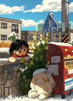 1girl black_eyes black_hair blue_sky blush cloud cloudy_sky crosswalk_sign day highres mittens open_mouth original outdoors red_scarf scarf short_hair sihyun25 sky snow solo stuffed_animal stuffed_rabbit stuffed_toy tree white_mittens