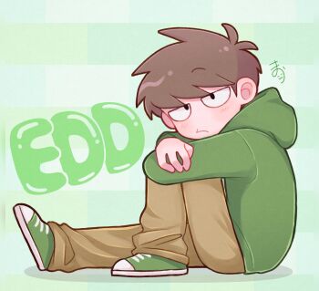 Rule 34 | 1boy, black eyes, blush, brown hair, brown pants, character name, commentary, edd (eddsworld), eddsworld, from side, full body, green background, green hoodie, green shoes, highres, hood, hood down, hoodie, hugging own leg, jitome, long sleeves, looking at viewer, male focus, mau (edd tom), pants, shoes, short hair, signature, simple background, sitting, solo, symbol-only commentary, toon (style)