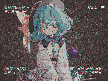 1girl black_hat blouse buttons dated diamond_button film_grain green_eyes green_hair hat hat_ribbon hemophobia horror_(theme) komeiji_koishi recording ribbon shirt static third_eye touhou videocassette wide_sleeves yellow_ribbon yellow_shirt