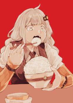 1girl ahoge arm_warmers black_ribbon bowl braid chopsticks collared_shirt commentary eating grey_eyes grey_hair hair_ornament highres holding holding_bowl holding_chopsticks kizuna_akari long_hair neck_ribbon oisiiidoo open_mouth orange_arm_warmers red_background ribbon rice_bowl shirt simple_background solo twin_braids vocaloid voiceroid white_shirt