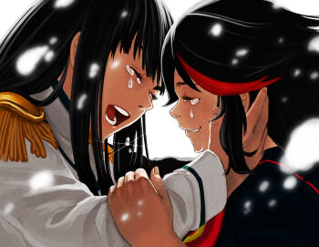 black_hair close-up epaulettes from_side hand_on_another&#039;s_face happy high_collar hug junketsu kamui_(kill_la_kill) kill_la_kill kiryuuin_satsuki living_clothes long_hair matoi_ryuuko multicolored_hair out_of_character pleated_skirt red_hair school_uniform senketsu serafuku short_hair siblings sisters skirt streaked_hair tears thick_eyebrows touching_another yue_(tada_no_saboten)