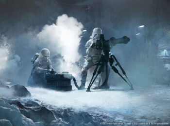 2boys agnidevi aiming armor clone clone_trooper copyright_name energy_gun gun helmet holding holding_gun holding_weapon hoth ice light lucasfilm machine_gun mask military military_uniform mouth_mask multiple_boys multiple_girls planet science_fiction sitting smoke snow soldier standing star_wars stormtrooper weapon