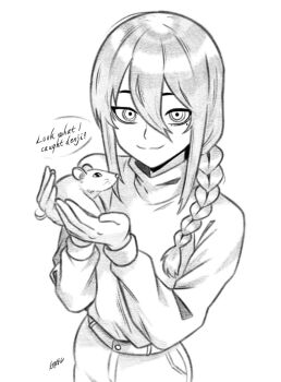 1girl animal braid braided_ponytail chainsaw_man closed_mouth english_text graphicthereal greyscale hair_between_eyes hair_over_shoulder highres holding holding_animal looking_at_viewer mole mole_under_eye monochrome mouse_(animal) nayuta_(chainsaw_man) pants ringed_eyes smile solo sweater sweater_tucked_in turtleneck turtleneck_sweater