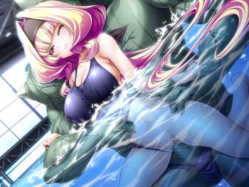 Rule 34 | 1boy, 1girl, azarin (exs-tia), barefoot, black hairband, blonde hair, blue one-piece swimsuit, blush, breasts, censored, cleavage, clenched teeth, clothes pull, clothing aside, collarbone, colored skin, competition swimsuit, covered erect nipples, game cg, green skin, hair intakes, hairband, headband, hetero, indoors, inoino, kouyoku senki exs-tia, large breasts, large variant set, long hair, mosaic censoring, non-web source, official art, one-piece swimsuit, one-piece swimsuit pull, one eye closed, partially submerged, penis, pool, red eyes, school swimsuit, sex, sex from behind, sideboob, solo focus, sportgil, swimsuit, swimsuit aside, teeth, vaginal, variant set, very long hair, water, wet, wince