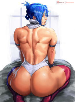 1girl arika armband artist_name ass back bare_shoulders bed black_gloves blair_dame blue_hair boots capcom closed_mouth detached_collar female_focus fighting_layer folded_ponytail gloves green_eyes highleg highleg_leotard huge_ass indoors lejeanx3 leotard looking_at_viewer looking_back muscular muscular_female patreon_logo patreon_username pink_thighhighs red_lips sitting source_request street_fighter street_fighter_ex_(series) thick_thighs thigh_boots thighhighs thighs wariza watermark web_address white_leotard