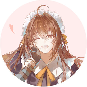 1girl ahoge antenna_hair black_gloves brown_hair double-parted_bangs eiyuu_densetsu estelle_bright fingerless_gloves gloves hair_between_eyes hair_intakes highres holding_another&#039;s_arm long_hair maid maid_headdress one_eye_closed open_mouth pink_background pov pov_hands puffy_short_sleeves puffy_sleeves red_eyes short_sleeves smile solo_focus sora_no_kiseki two-tone_background white_background