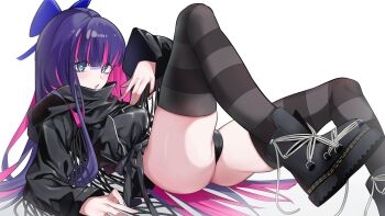 1girl arm_support ass black_boots black_jacket black_panties black_thighhighs blue_eyes blunt_bangs boots bow colored_inner_hair commentary commission hair_bow hand_up highres hood hooded_jacket jacket leg_up long_hair looking_at_viewer lying multicolored_hair no_pants on_back open_mouth panties panty_&amp;_stocking_with_garterbelt pink_hair shiny_skin shoelaces skindentation solo stocking_(psg) striped_clothes striped_thighhighs thighhighs two-tone_hair underwear uuunagidon white_background