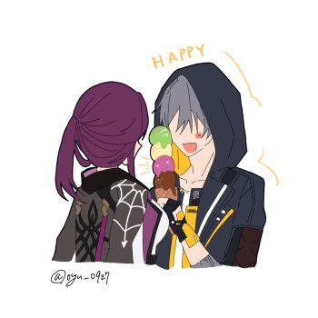 1boy 1girl artist_name black_coat black_gloves black_jacket blush breasts caelus_(honkai:_star_rail) coat collarbone commentary_request english_text faceless faceless_female fingerless_gloves food from_behind gloves grey_hair hand_up happy highres holding holding_food holding_ice_cream holding_ice_cream_cone honkai:_star_rail honkai_(series) hood hooded_coat ice_cream ice_cream_cone jacket kafka_(honkai:_star_rail) lapels long_hair long_sleeves low_ponytail medium_breasts no_eyes notice_lines open_clothes open_coat open_jacket open_mouth oyu_0927 ponytail purple_hair purple_jacket shirt short_hair sidelocks simple_background smile spider_web_print t-shirt trailblazer_(honkai:_star_rail) two-sided_coat two-sided_fabric two-sided_jacket upper_body white_background white_shirt yellow_coat