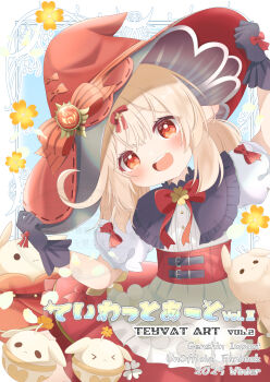 1girl absurdres ahoge black_gloves blonde_hair blush bow bowtie commentary_request dodoco_(genshin_impact) dress genshin_impact gloves hair_between_eyes hand_on_headwear hat hat_bow head_tilt highres jumpy_dumpty kawasumi_uo klee_(blossoming_starlight)_(genshin_impact) klee_(genshin_impact) looking_at_viewer official_alternate_costume open_mouth pyro_symbol_(genshin_impact) red_bow red_bowtie red_dress red_eyes red_hat shirt solo teeth upper_teeth_only vision_(genshin_impact) white_shirt witch_hat