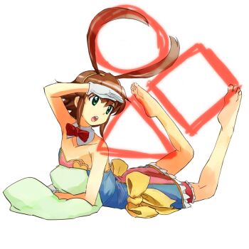 1girl ahoge antenna_hair bad_id bad_pixiv_id barefoot brown_hair circle feet female_focus flat_chest gloves green_eyes hugging_object legs_up lying nyama on_stomach pillow pillow_hug renkin_san-kyuu_magical_pokaan short_hair soles solo square triangle white_gloves yuuma_(magipoka)