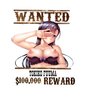 1girl aqua_eyes bra bra_pull breasts character_name clothes_pull embarrassed fuuma_tokiko kagami_hirotaka large_breasts nipples poster purple_bra purple_hair taimanin_(series) taimanin_asagi taimanin_asagi_kessen_arena third-party_edit transparent_background underwear wanted_poster