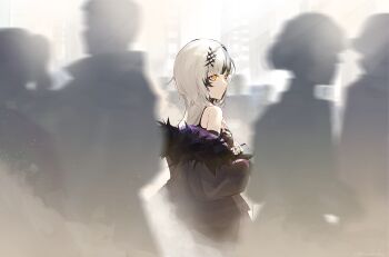 1girl absurdres bare_shoulders black_coat black_dress black_hair breasts coat commentary day dress english_commentary fur-trimmed_coat fur_trim grey_hair hair_ornament highres hololive hololive_english kurochanai long_hair long_sleeves looking_to_the_side multicolored_hair off_shoulder outdoors people shiori_novella shiori_novella_(1st_costume) solo_focus split-color_hair two-tone_hair virtual_youtuber yellow_eyes