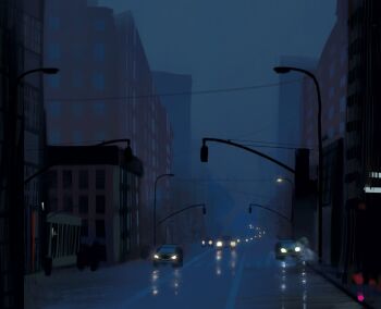 blurry blurry_background building car cityscape dark depth_of_field dim_lighting fog highres kartoplya_arts lamppost motor_vehicle no_humans original painterly power_lines reflective_surface scenery