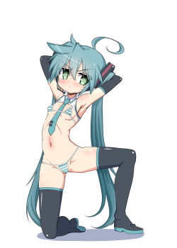 1girl :&lt; ahoge armpits arms_up bikini black_boots blue_hair blue_necktie blush boots breasts cosplay elbow_gloves full_body gloves green_eyes hatsune_miku hatsune_miku_(cosplay) headset izumi_konata jitome kneeling looking_at_viewer lucky_star mayayameruru micro_bikini miku_collar_bikini mole mole_under_eye navel necktie simple_background skinny small_breasts solo striped_bikini striped_clothes swimsuit thigh_boots tie_clip twintails v-shaped_eyebrows vocaloid white_background