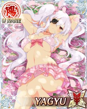 Rule 34 | 1girl, armband, bikini, bikini skirt, border, breasts, card (medium), character name, cherry blossoms, eyepatch, flower, frown, game cg, hair flower, hair ornament, large breasts, light blush, long hair, looking at viewer, navel, official art, pink bikini, red eyes, senran kagura, senran kagura new wave, skindentation, solo, swimsuit, third-party source, twintails, underboob, very long hair, white hair, yagyu (senran kagura)