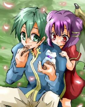 aqua_eyes aqua_hair blush cherry_blossoms cookie dragon_girl dragon_wings dress eating ephraim_(fire_emblem) fire_emblem fire_emblem:_the_sacred_stones food from_behind green_eyes green_hair green_theme hand_on_shoulder holding lowres myrrh_(fire_emblem) nintendo petals prince purple_hair red_eyes sharing short_hair shy sitting smile wings