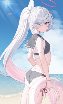 1girl alternate_costume ass beach blue_archive blue_sky blush braid closed_mouth colored_inner_hair commentary_request cowboy_shot eyes_visible_through_hair from_side grey_eyes grey_hair hair_over_one_eye halo high_ponytail highres holding holding_swim_ring innertube kurumi_lm long_hair looking_at_viewer looking_to_the_side multicolored_hair paid_reward_available partial_commentary pink_hair plana_(blue_archive) ponytail red_halo signature sky smile solo sun sunlight swim_ring swimsuit twitter_username very_long_hair water