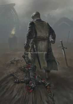 Rule 34 | 2boys, a knight of the seven kingdoms, a song of ice and fire, aerion targaryen, armor, artist name, chainmail, commentary, dirt, dragging, draw souls, duncan the tall, english commentary, fog, from behind, full armor, full body, gauntlets, helmet, male focus, multiple boys, outdoors, overcast, patreon username, planted, planted sword, planted weapon, sheath, shield, sky, sword, watermark, weapon, web address