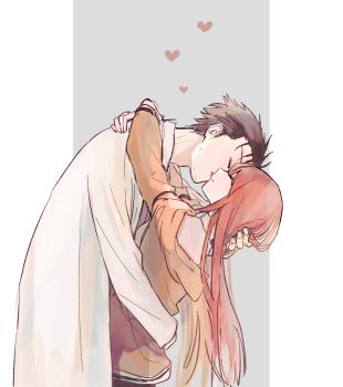 1boy 1girl absurdres arms_around_neck blush brown_hair closed_eyes commentary_request couple grey_background heart height_difference hetero highres hug hunched_over jacket kiss long_hair long_sleeves makise_kurisu okabe_rintarou science_adventure shirt short_hair simple_background smile steins;gate suehiroch0 white_shirt