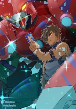 Rule 34 | 1boy, absurdres, armor, bare shoulders, black shirt, brown eyes, brown hair, card, commentary, cowboy shot, dark-skinned male, dark skin, digimon, digimon (creature), digimon card game, digimon liberator, earrings, glowing, glowing eyes, hair over one eye, helmet, highres, holding, holding card, jewelry, male focus, owen dreadnought, red armor, red helmet, richard park, shirt, short hair, sleeveless, sleeveless shirt, styracomon, trading card, twitter logo, twitter username, yellow eyes