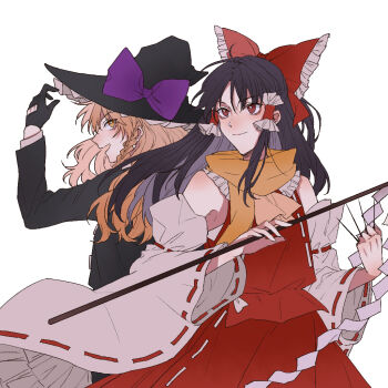 Rule 34 | 2girls, ascot, black gloves, black hat, black jacket, blonde hair, bow, braid, brown hair, chinese commentary, commentary request, detached sleeves, forbidden scrollery, frilled bow, frilled hair tubes, frills, gloves, gohei, hair bow, hair tubes, hakurei reimu, hat, hat bow, hitte5416, holding, holding gohei, jacket, kirisame marisa, long hair, long sleeves, multiple girls, needle, official alternate costume, open mouth, purple bow, red bow, red eyes, red skirt, ribbon-trimmed sleeves, ribbon trim, scarf, side braid, simple background, single braid, skirt, skirt set, smile, throwing needles, touhou, white background, witch hat, yellow ascot, yellow eyes, yellow scarf