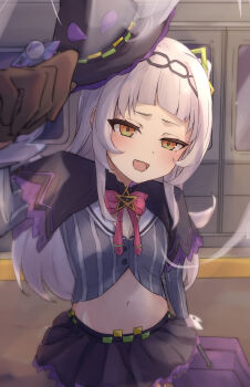 1girl arm_up black_capelet black_skirt blush breasts brown_gloves capelet cleavage gloves grey_hair grey_shirt hat headband highres hololive long_hair long_sleeves looking_at_viewer midriff murasaki_shion murasaki_shion_(1st_costume) navel open_mouth orange_eyes sakahana shirt skirt small_breasts smirk solo solo_focus striped_clothes striped_shirt train virtual_youtuber witch_hat