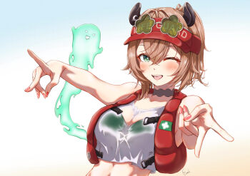 1girl breasts brown_hair clip_studio_paint_(medium) cropped_shirt double_v ferd_jk gradient_background green_eyes highres indie_virtual_youtuber large_breasts life_vest naplings_(nimi_nightmare) nimi_nightmare nimi_nightmare_(lifeguard) one_eye_closed pink_nails ponytail shirt short_ponytail smile v virtual_youtuber visor_cap wet wet_clothes wet_shirt