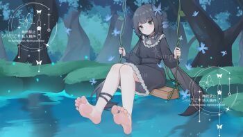 1girl barefoot black_hair feet green_eyes highres light_blush long_hair looking_at_viewer smile soles swing toes wl217_(nicexa111)