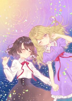 2girls ahoge blonde_hair bow brown_eyes brown_hair brown_skirt cowboy_shot dress closed_eyes frilled_shirt_collar frills hair_bow half-closed_eye holding_hands hand_up interlocked_fingers light_particles long_hair long_sleeves looking_at_viewer maribel_hearn multiple_girls neck_ribbon no_headwear one_eye_closed parted_lips pinky_out puffy_short_sleeves puffy_sleeves purple_dress red_ribbon ribbon shirt short_hair short_sleeves skirt star_(symbol) star_trail torii_sumi touhou usami_renko white_bow white_shirt