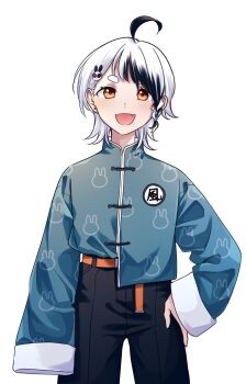 1girl ahoge artist_self-insert black_hair black_pants blue_shirt blush braid chibi cowboy_shot earrings fangs hair_ornament hand_on_own_hip highres indie_virtual_youtuber jewelry kashikaze kashikaze_(vtuber) long_sleeves looking_at_viewer multicolored_hair open_mouth orange_eyes pants rabbit_hair_ornament shirt short_hair side_braid simple_background sleeves_past_wrists smile solo stud_earrings two-tone_hair virtual_youtuber white_background white_hair