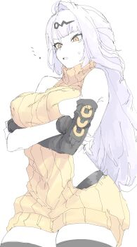 1girl absurdres alternate_costume arms_under_breasts asymmetrical_gloves bare_shoulders black_gloves black_thighhighs blush breasts clothing_cutout coin coin_on_string crossed_arms dress elbow_gloves fingerless_gloves gloves hair_ornament hairpin highres large_breasts long_hair mocamocaink notice_lines open_mouth shirt side_cutout sideboob simple_background single_elbow_glove single_hair_intake sleeveless sleeveless_sweater solo sweatdrop sweater sweater_dress thighhighs turtleneck turtleneck_sweater uneven_gloves white_hair white_shirt yellow_eyes yellow_sweater yixuan_(zenless_zone_zero) zenless_zone_zero