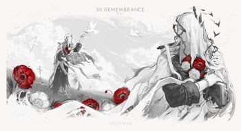 1boy absurdres bird book border charon_(reverse:1999) cloud cloudy_sky coat covered_face cross dated dog_tags dove english_text envelope fading_border flower full_body gloves greyscale hand_up highres holding holding_book holding_dog_tags holding_envelope imainacup monochrome multiple_views poppy_(flower) reverse:1999 sky spot_color standing upper_body veil white_border white_veil