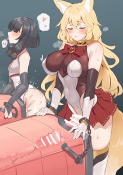 2girls animal_ear_fluff animal_ears bare_shoulders bent_over black_gloves black_hair blonde_hair blue_halo blush bow bowtie breasts breeding_mount bridal_gauntlets brooch chain commentary_request condom cuffs cum cum_pool cumdrip detached_sleeves excessive_cum fox_ears fox_girl fox_tail futanari futanari_masturbation gloves halo jewelry kana_(neko_mantis) large_breasts long_hair masturbation multiple_girls neko_mantis open_mouth original pleated_skirt red_bow red_bowtie red_skirt restrained saliva shackles skirt steam tail translation_request used_condom white_gloves yellow_eyes
