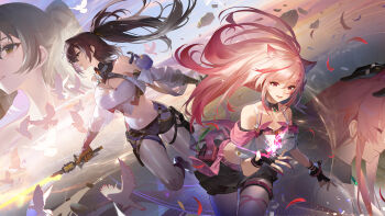 2girls absurdres bare_shoulders black_gloves black_skirt breasts brown_eyes brown_hair cleavage crop_top detached_collar fingerless_gloves gloves gradient_hair hair_ears highres holding holding_sword holding_weapon large_breasts long_hair looking_at_viewer mia_skye midriff miniskirt mole mole_under_eye multicolored_hair multiple_girls naruse_haru_(snowbreak) navel off-shoulder_shirt off_shoulder official_art pantyhose pink_hair pleated_skirt ponytail red_eyes shirt skirt snowbreak:_containment_zone stomach streaked_hair sword weapon white_pantyhose white_shirt