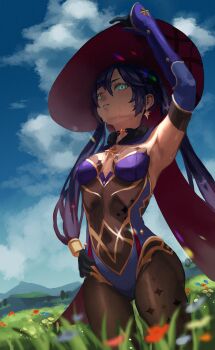 Rule 34 | 1girl, absurdres, arm up, armpits, black choker, black gloves, black hair, blue leotard, blue sky, bodystocking, breasts, choker, cloud, commentary request, covered navel, day, earrings, field, flower, flower field, genshin impact, gloves, gold trim, grass, green eyes, hand on own hip, hat, highres, jewelry, leotard, long hair, looking up, mona (genshin impact), outdoors, parted lips, purple hair, ribs, single earring, skin tight, sky, small breasts, solo, standing, tenio spla, twintails, very long hair, witch hat