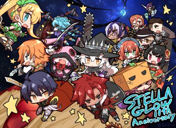 6+boys 6+girls absurdres ahoge alto_(stella_glow) anniversary archibald_(stella_glow) black_hair blonde_hair blue_eyes blue_hair bow_(weapon) box cardboard_box chainsaw chibi chibi_only commentary_request dagger dante_(stella_glow) dorothy_(stella_glow) elcrest_(stella_glow) everyone ewan_(stella_glow) floating_gun fractal_(fractal25) giselle_(stella_glow) green_eyes hat highres hilda_(stella_glow) holding holding_bow_(weapon) holding_dagger holding_knife holding_polearm holding_scythe holding_staff holding_sword holding_weapon hood hood_down keith_(stella_glow) knife lisette_(stella_glow) long_hair moldimolt_(stella_glow) multiple_boys multiple_girls nonoka_(stella_glow) orange_hair pink_hair polearm popo_(stella_glow) red_hair rusty_(stella_glow) sakuya_(stella_glow) scythe short_hair staff stella_glow sword twintails veronica_(stella_glow) weapon white_hair witch witch_hat